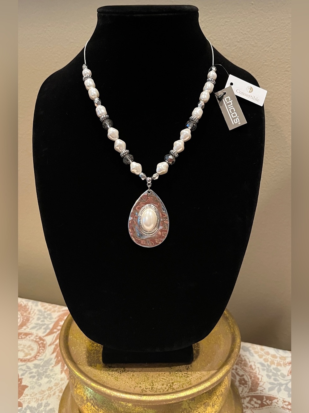 Chico's White Pearl and Silver Teardrop Statement Necklace - Convertible